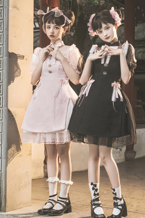 Chinese Style Stand Collar Lace Puff Short Sleeve Delicate Sweet Lolita Dress - Product - 2