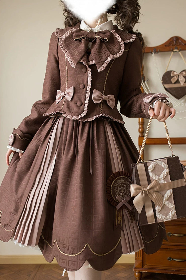 Brown [Teddy Chocolate Bar] Printed Embroidered Bow Lace-Up Classic Lolita Jsk Dress and Skirt - Product - 4