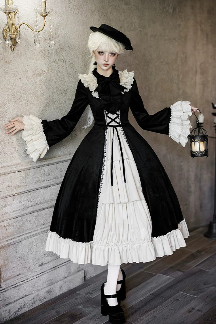 Black [Letters and Poems · Nutcracker Box] Long Sleeves Ruffled Open-Front Bow Lace-Up Gothic Lolita Dress - Product - 9