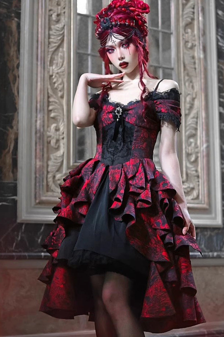 Black/Red Feast in Hades Short Sleeves Print Ruffle Cardigan Gothic Lolita Dress - Product - 4