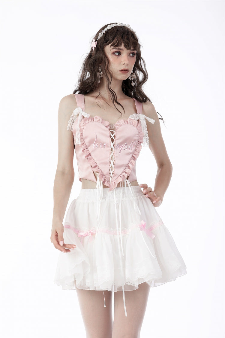 Pink Ruffled Love Heart Lace-Up Women's Lolita Princess Bustier - Product - 6