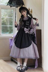 Black/Purple Petal Collar Drawstring Long Sleeves Embroidery Sweet Chinese Style Lolita Dress Two-piece Set - Product - 2
