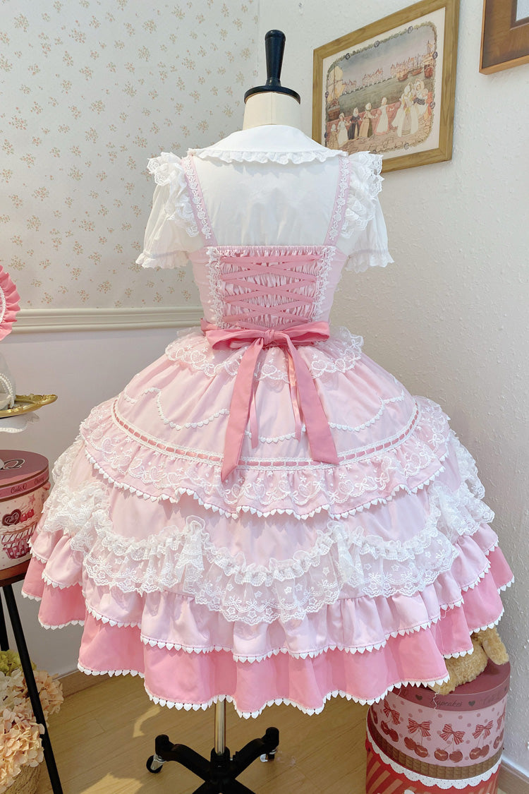 Pink [Fondant Cake] Sleeveless Multi-Layered Ruffle Bowknot Lace Sweet Lolita Jsk Dress - Product - 5