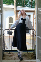 Black/White V Collar Off Shoulder Long Sleeves Ruffled Bow Faux Two-Piece Classic Plus Size Lolita Dress - Product - 8
