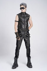 Black Stand Collar Sleeveless Strappy Stitching Zipper Men's Gothic Vest - Product - 12