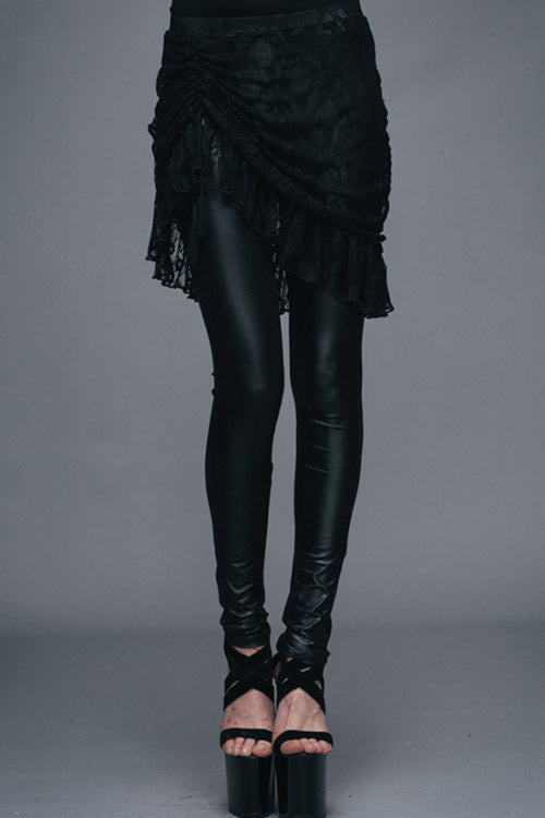 Black Rose Lace Mesh Outer Skirt Gothic Faux Leather Womens Pants - Black - 1