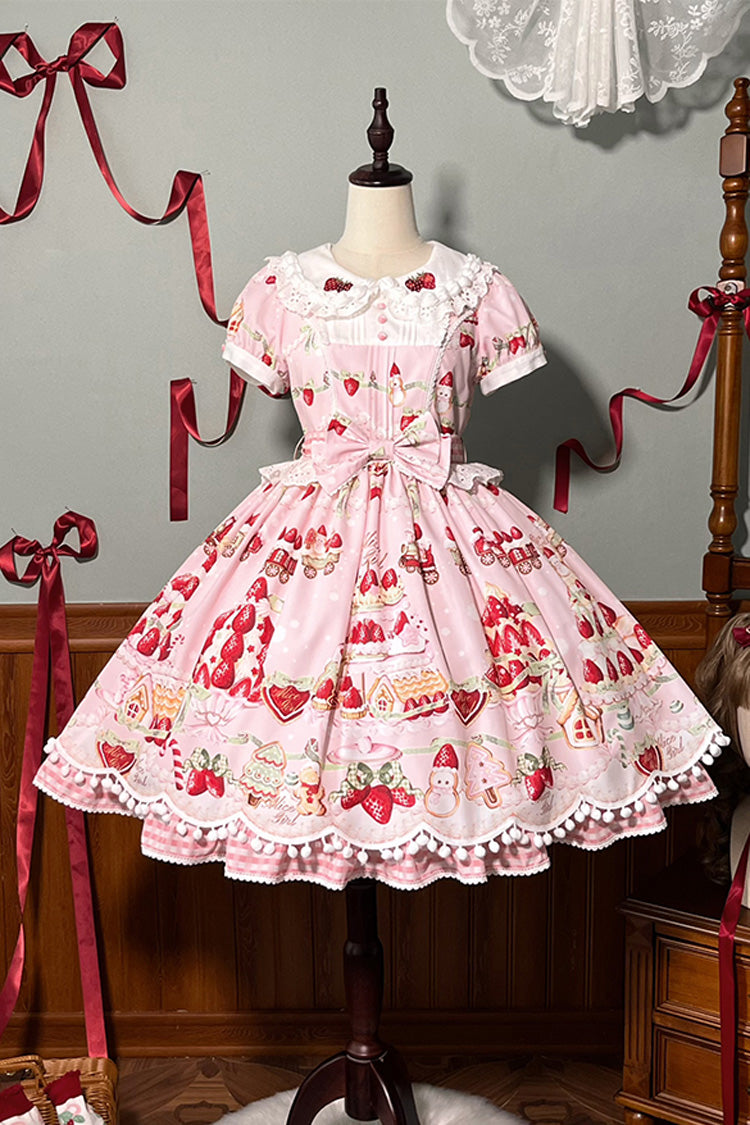 Mint Strawberry Dessert Doll Collar Short Sleeves Print Ruffle Bowknot Sweet Lolita Dress 4 Colors - Product - 25