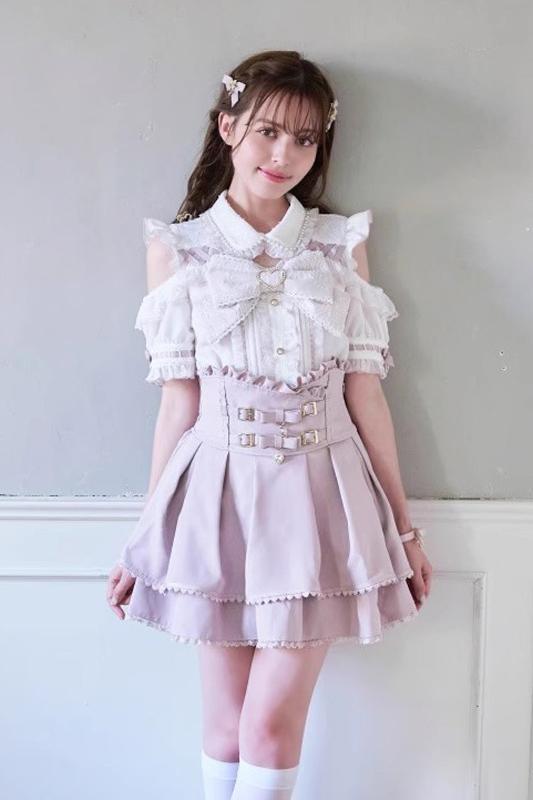 Sweet Lapel Collar Off Shoulder Short Sleeves Bowknot Pearl Jirai Kei Japanese Blouse 3 Colors - Product - 5