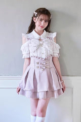 Sweet Lapel Collar Off Shoulder Short Sleeves Bowknot Pearl Jirai Kei Japanese Blouse 3 Colors - Product - 5