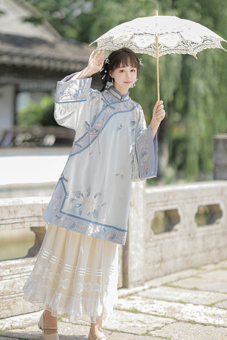 Blue [Flower Room] Stand Collar Long Sleeves High Waisted Printed Embroidered Women's Sweet Classic Hanfu Dress Set - Blue - 1