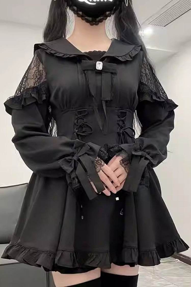 Black [Truffle Forest] Long Sleeves Ruffle Stitching Lace-Up Jirai Kei Japanese Dress Shorts Set - Black - 1
