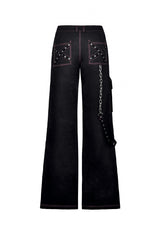 Black Dangerous Bear Chain-Decorated Women's Grunge Bell Bottom Pants - Product - 13
