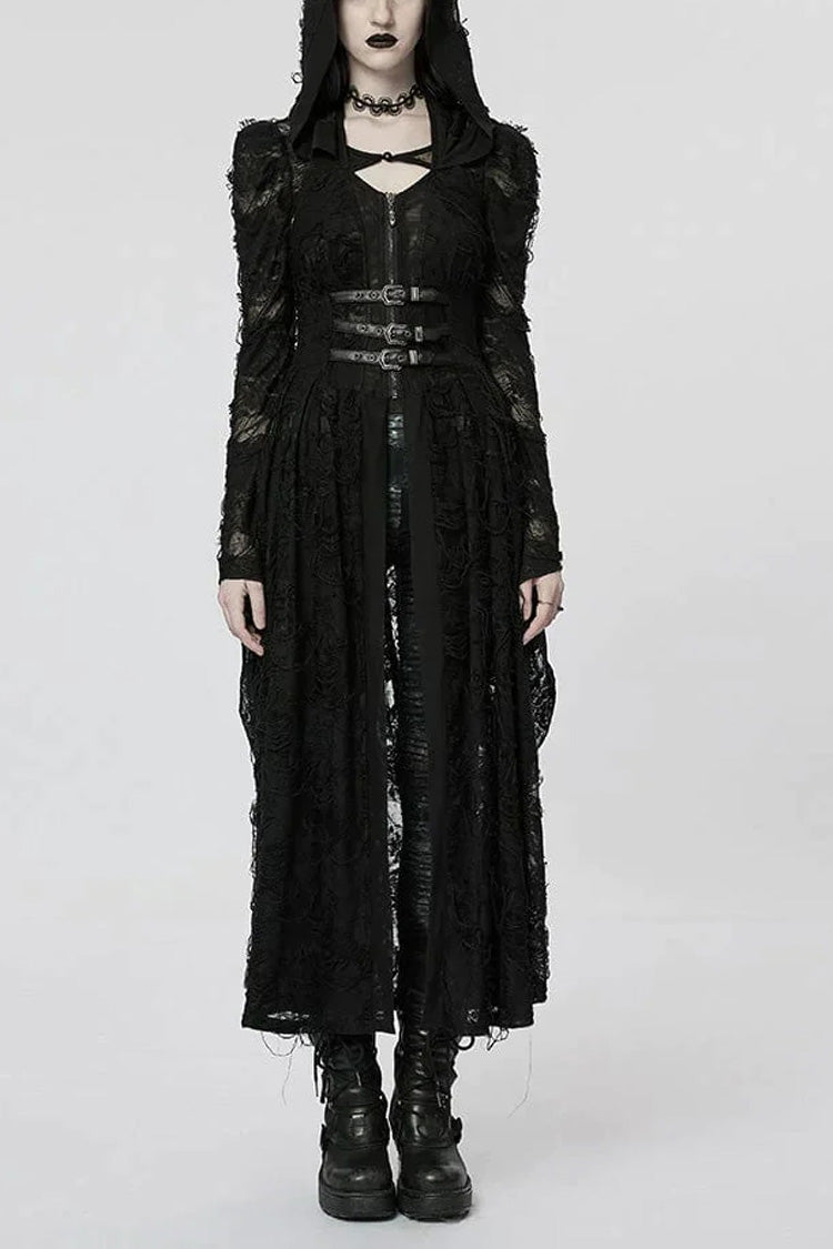 Black Two-piece Knit Ripped Hooded Womens Gothic Coat - Black - 1