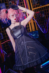 Black Stitching Zipper Cardigan Ruffled Multi-Layer Gothic Lolita Jsk Dress (Will shine at night) - Product - 3