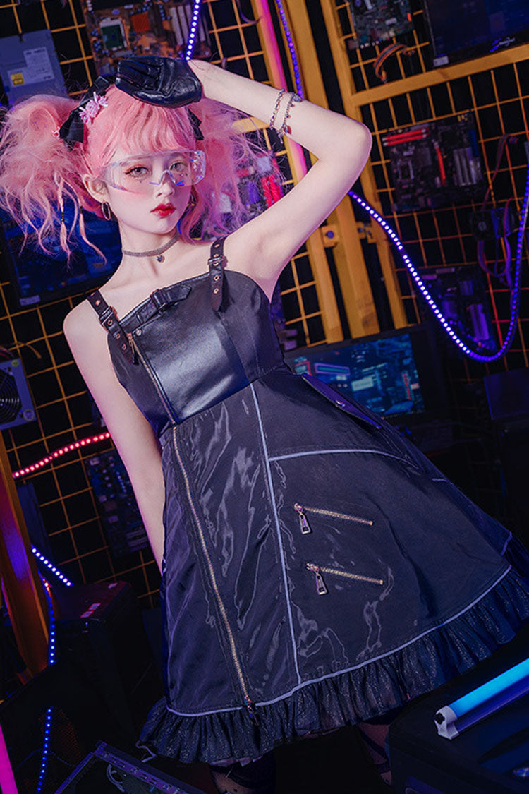 Black Stitching Zipper Cardigan Ruffled Multi-Layer Gothic Lolita Jsk Dress (Will shine at night) - Product - 3