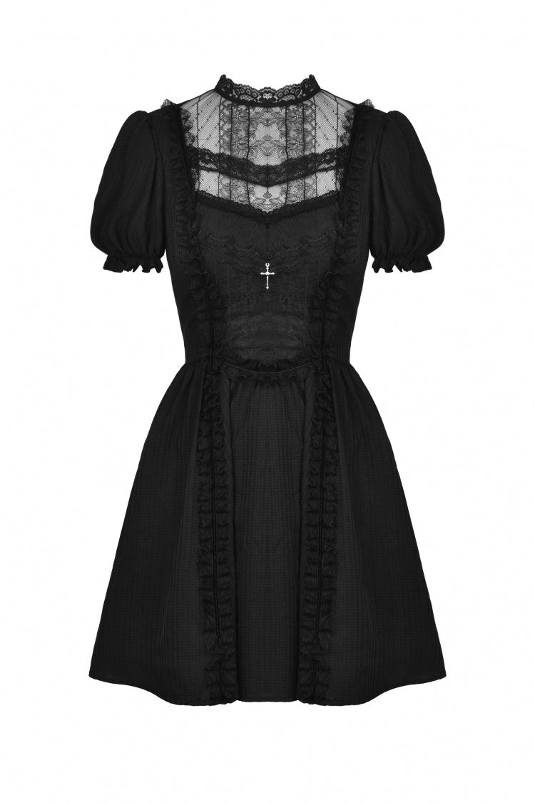 Black Tulle Lace Stand Collar Short Puff Sleeves Women's Lolita Gothic Doll Dress - Product - 3