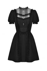 Black Tulle Lace Stand Collar Short Puff Sleeves Women's Lolita Gothic Doll Dress - Product - 3