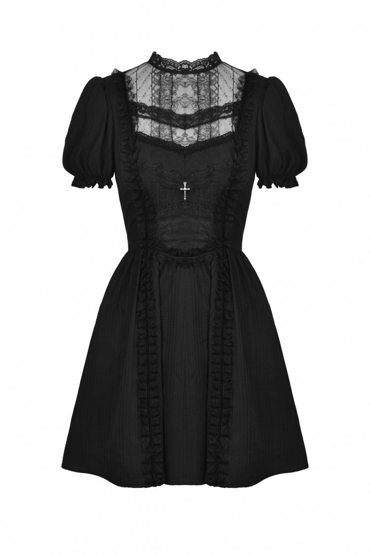 Black Tulle Lace Stand Collar Short Puff Sleeves Women's Lolita Gothic Doll Dress - Product - 3