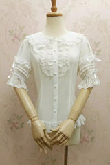 Doll Collar Short Trumpet Sleeves Lace Slim Chiffon Sweet Lolita Blouse 2 Colors - White - 1