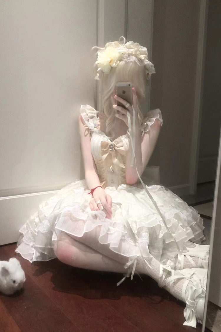 Ivory [First Love] Multi-Layered Ruffle Bowknot Lace-Up Sweet Elegant Princess Lolita Jsk Dress - Product - 5