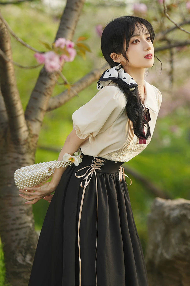 Solid Color Lapel Collar Short Sleeves High Waisted Lace-Up Wave Hem Classic Lolita Two-Piece Skirt Set 7 Colors - Black - 9