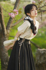 Solid Color Lapel Collar Short Sleeves High Waisted Lace-Up Wave Hem Classic Lolita Two-Piece Skirt Set 7 Colors - Black - 9
