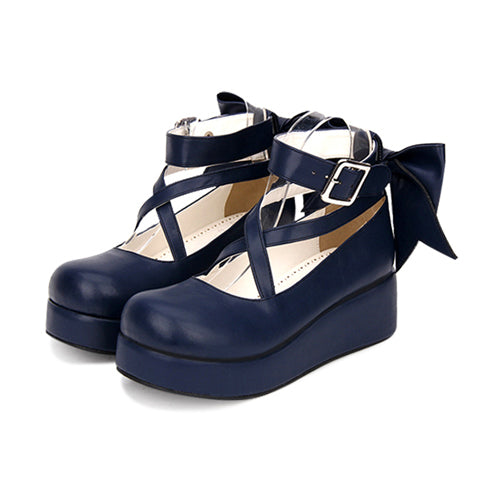 Round-toe Shallow Mouth Bowknot Cute Lolita Middle Heels Shoes - Dark Blue - 3