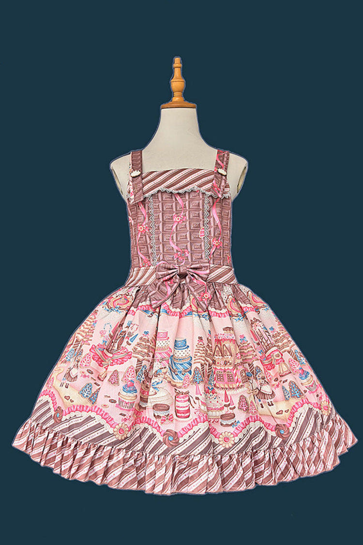 Brown/Pink  [Candy House] Square Collar Sleeveless Printed Ruffled Bow Sweet Lolita Strap Dress - Brown/Pink - 1