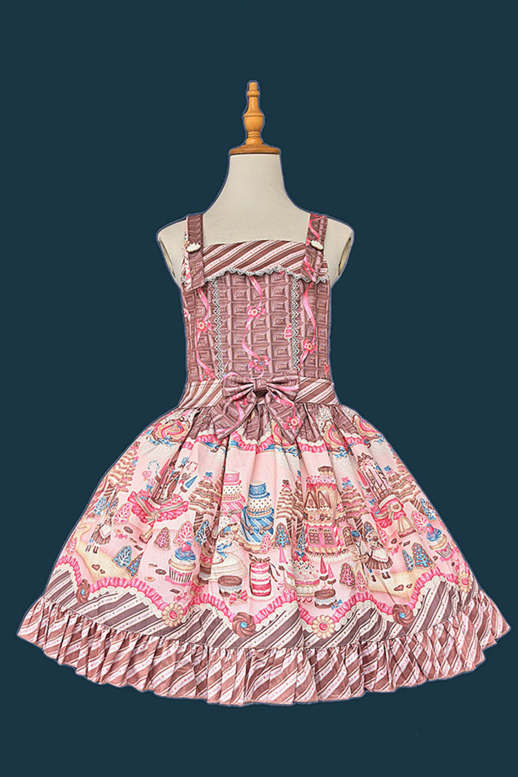 Brown/Pink  [Candy House] Square Collar Sleeveless Printed Ruffled Bow Sweet Lolita Strap Dress - Brown/Pink - 1