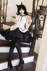Black/White [Miss Black Cat] Sleeveless Printed Ruffled Sweet Princess Ballet Lolita Skirt Set - Product - 6