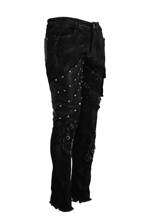 Black Heavy Metal Patchwork Hand Painted Pockets Mens Pants - Product - 2