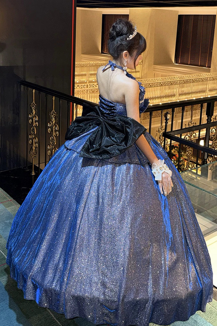 Blue [Paris-Inspired] Sleeveless Glitter Series Ruffled Cut-Out Bow Sweet Lolita Skirt Set - Product - 10