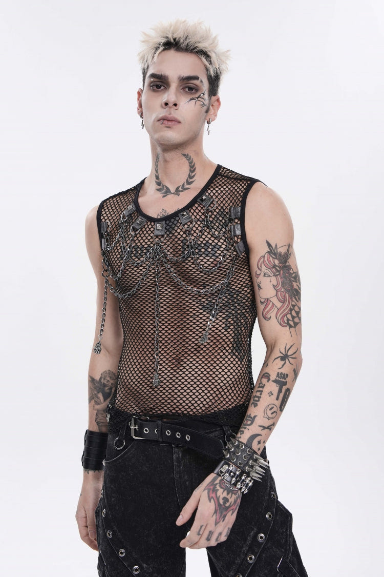 Black Round Collar Sleeveless Slim Sheer Mesh Studded Eyelet Men's Punk Handsome Vest - Black - 1