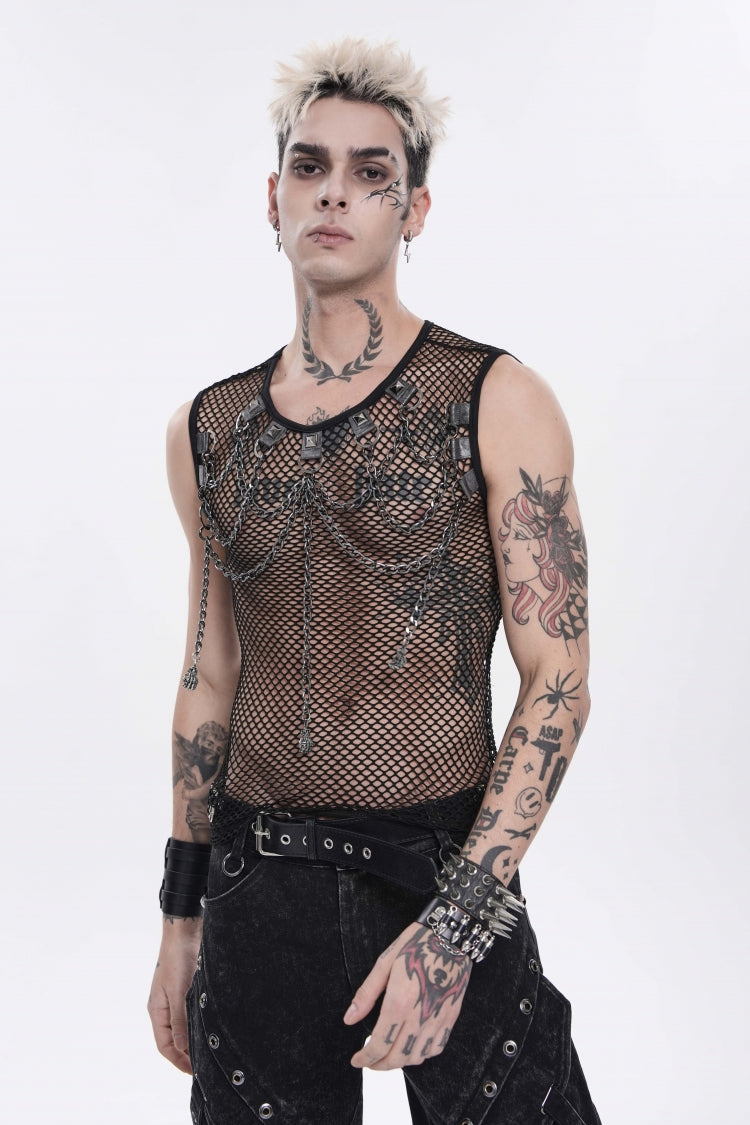 Black Round Collar Sleeveless Slim Sheer Mesh Studded Eyelet Men's Punk Handsome Vest - Black - 1