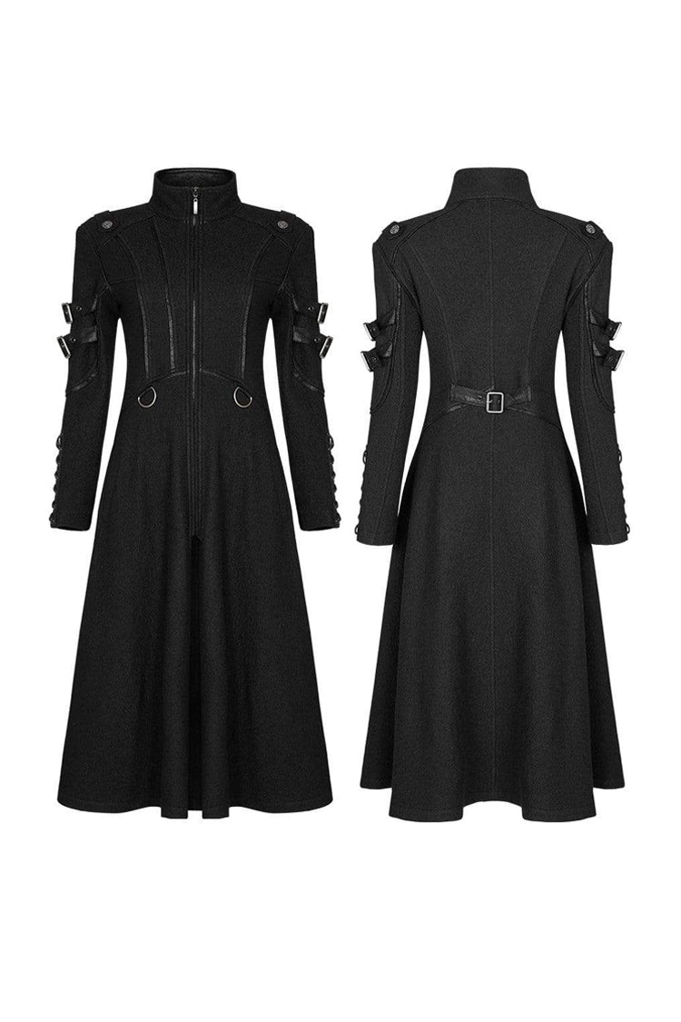 Black Punk Stand Up Collar Metal Buckle Crack Leather Strap Decoration Lace Up Cuff Woolen Women's Coat - Product - 3