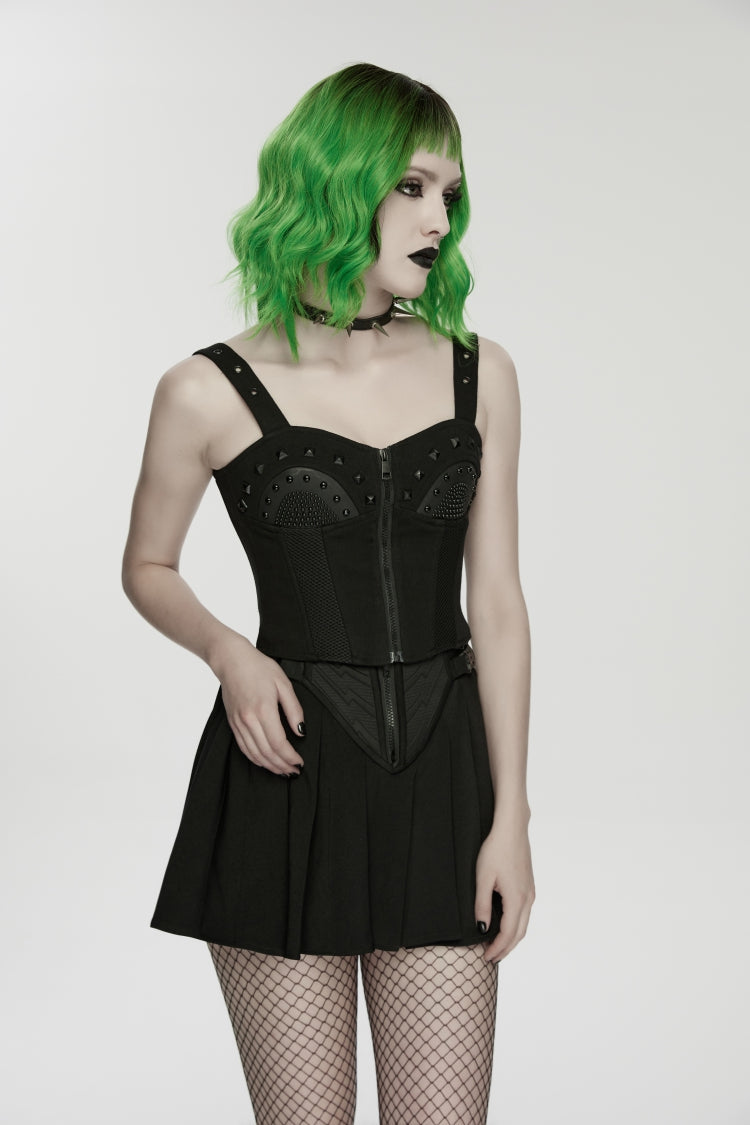 Black Lace-Up Slim Studded Zippered Eyelet Women's Punk Cool Corset - Product - 8