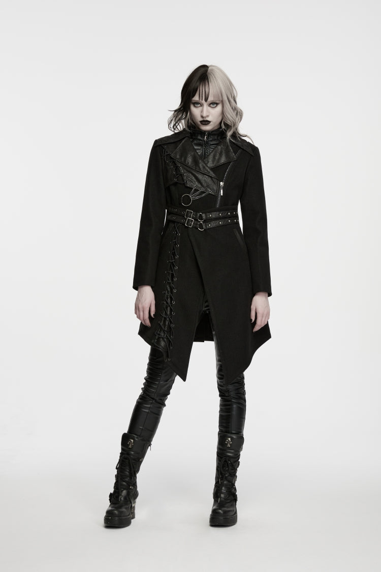 Black Lapel Collar Long Sleeves Patchwork Lace-Up Asymmetric Buckled Women's Punk Cool Coat - Product - 4