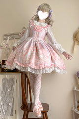 Pink Square Collar Sleeveless Printed Ruffled Lace Sweet Lolita Jsk Dress - Product - 5