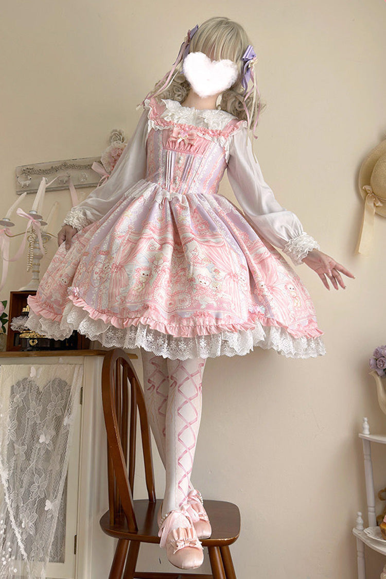 Pink Square Collar Sleeveless Printed Ruffled Lace Sweet Lolita Jsk Dress - Product - 5