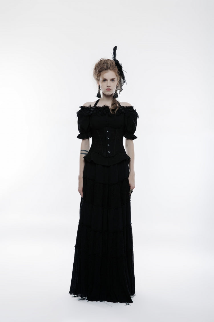 Black Halterneck Jacquard Lace-Up Women's Breast Support Gothic Vest - Product - 6