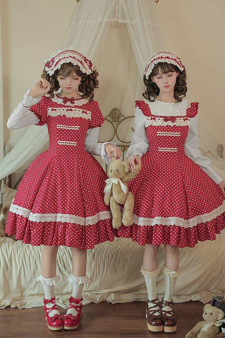 Red [Showa Memoir] Polka Dots Printed Ruffled Bow Sweet Lolita Dress - Product - 2