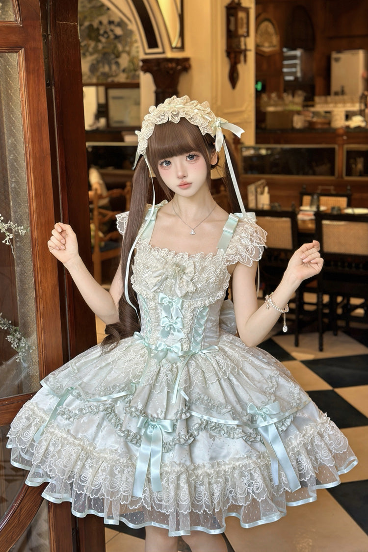 Light Green [Dreaming Butterfly] Multi-Layered Jacquard Ruffle Bowknot Lace Sweet Princess Lolita Jsk Dress - Product - 2