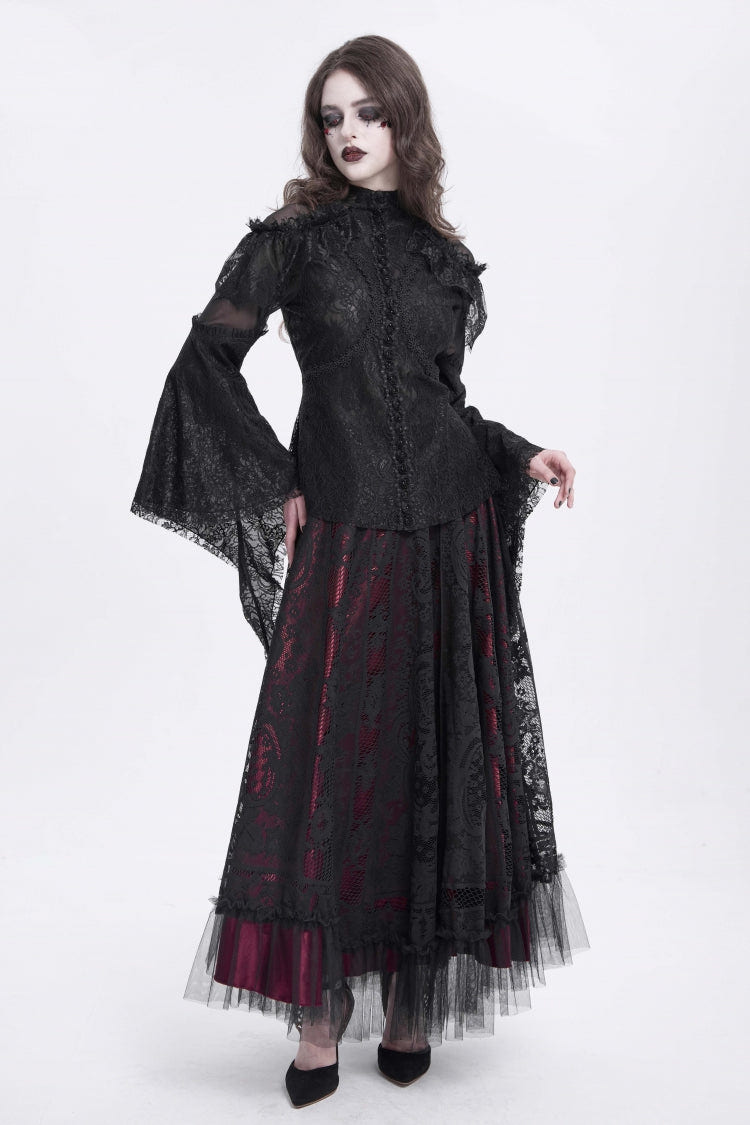 Black Stand Collar Long Trumpet Sleeves Embroidery Stitching Lace Women's Gothic Blouse - Product - 8