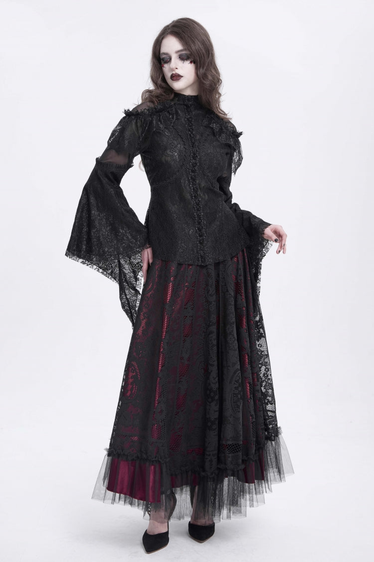 Black Stand Collar Long Trumpet Sleeves Embroidery Stitching Lace Women's Gothic Blouse - Product - 8