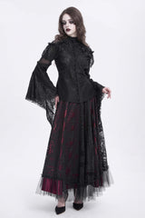 Black Stand Collar Long Trumpet Sleeves Embroidery Stitching Lace Women's Gothic Blouse - Product - 8