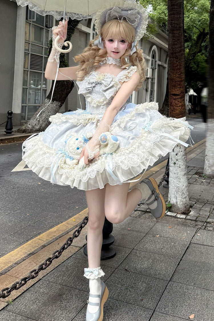 Blue [Blossoming Heart Love ] Sleeveless Dark Jacquard Print Bowknot Lace Sweet Lolita Jsk Dress - Product - 7