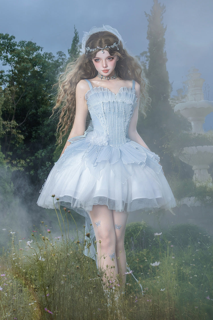 Blue [Spirit in the Mist] Square Collar Sleeveless Ruffled Pearl Detail Sweet Elegant Lolita Jsk Dress - Product - 8