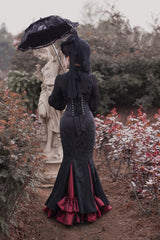 Black/Red [Lorelei] Double-Layered Print Ruffle Gothic Elegant Lolita Jacquard Mermaid Maxi Skirt - Product - 3