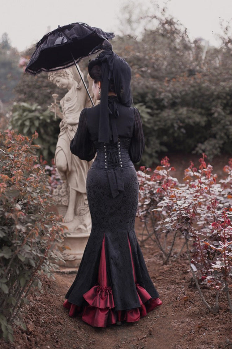 Black/Red [Lorelei] Double-Layered Print Ruffle Gothic Elegant Lolita Jacquard Mermaid Maxi Skirt - Product - 3
