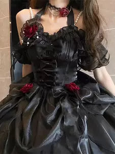 Ruffle Bow Fairy Gothic Hime Lolita JSK with Oversleeves – 5 Colors detail view 5
